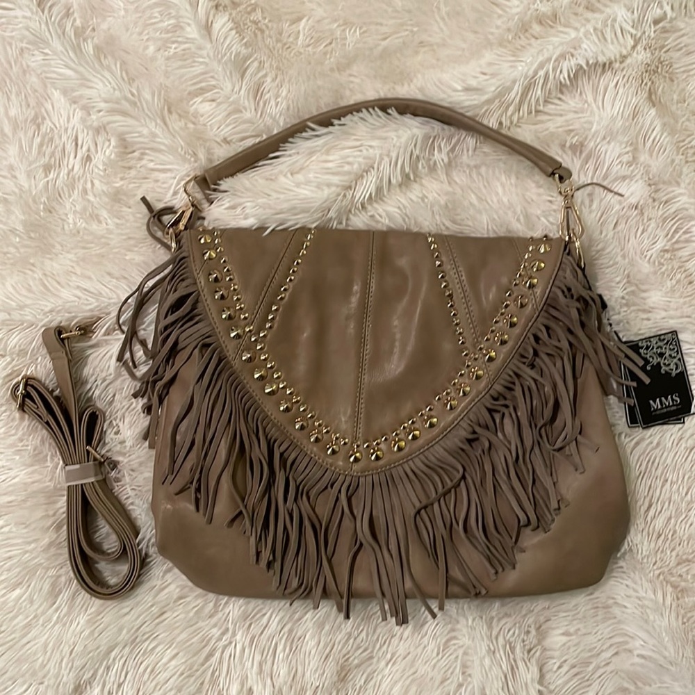 BRAND NEW WITH TAGS MMS Design Studio Taupe Fringe Handbag